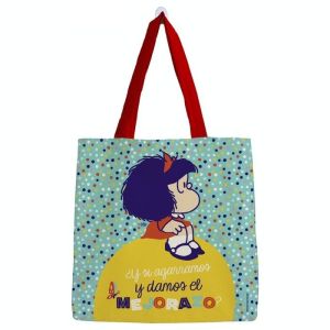 BOLSA ALGODÓN MAFALDA GRANDE TURQUESA PUNTITOS