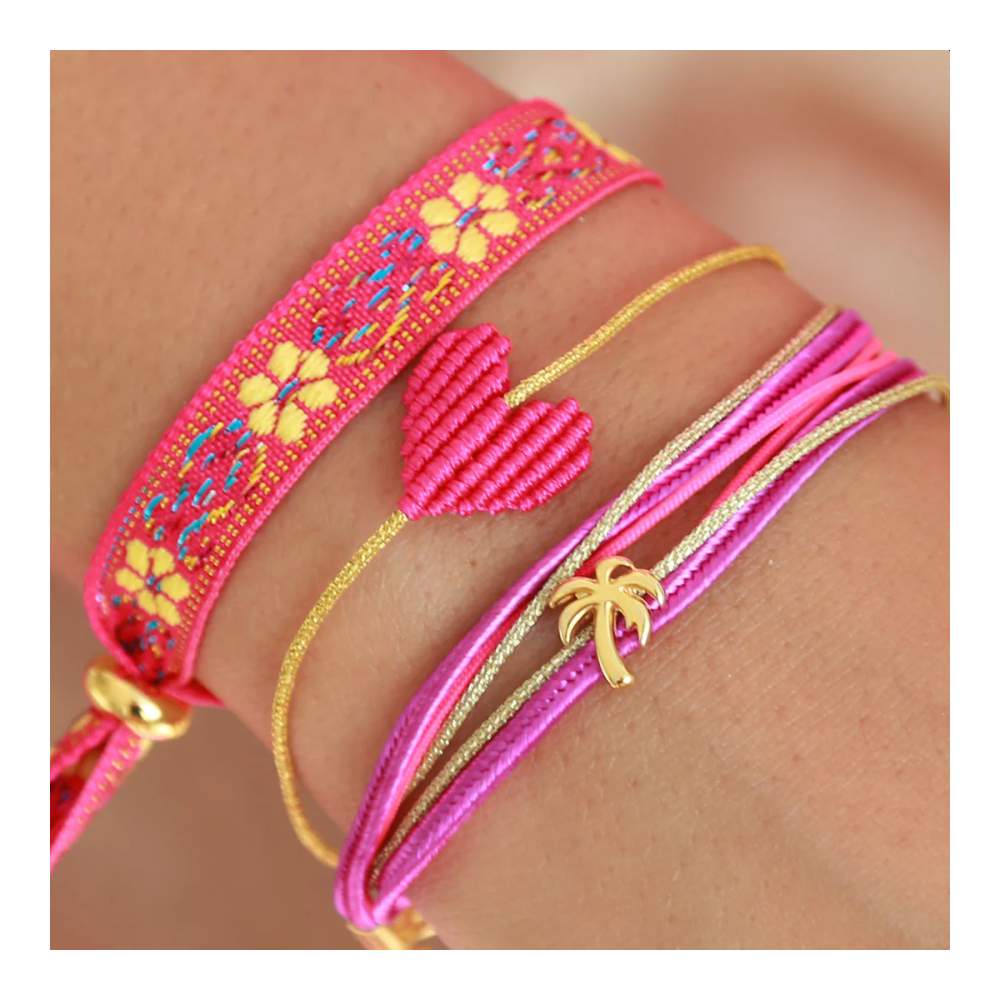 Pulsera Tejida Flor De Algodón Rosa/Amarillo